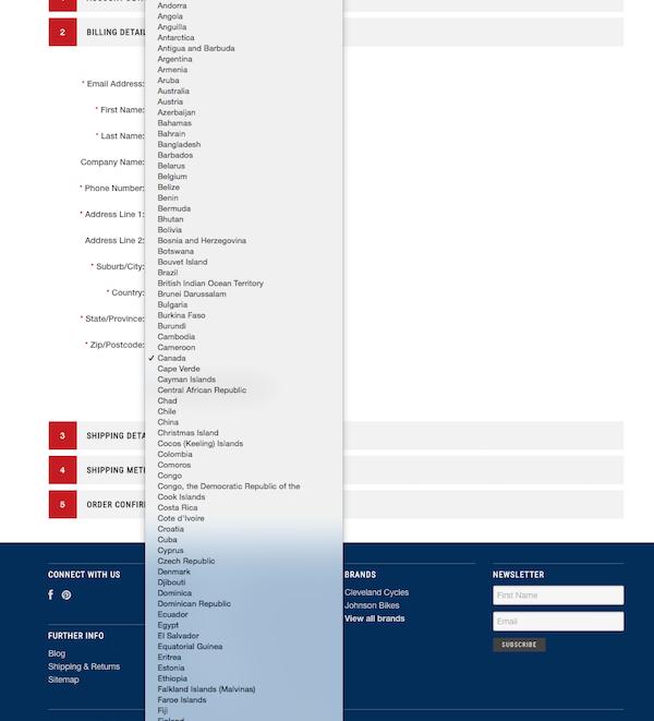 IceWraps checkout with long country list