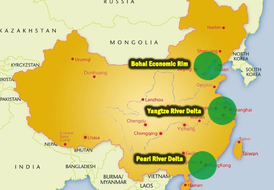 The three major regions of China relevant for most importers.