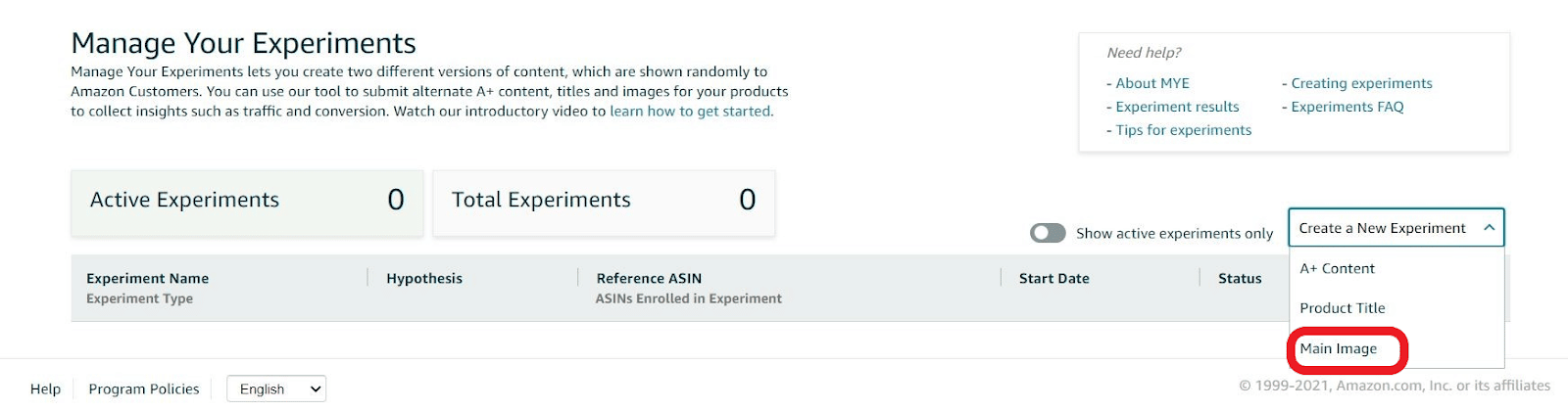 screenshot of manage your experiments page