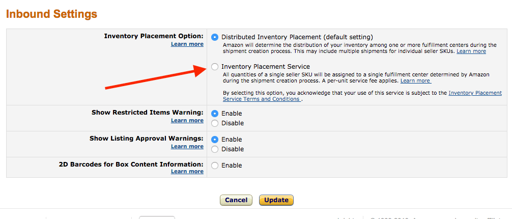 Amazon Inbound settings inventory placement fee