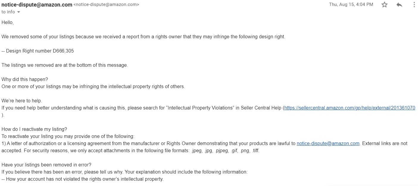 amazon design right violation