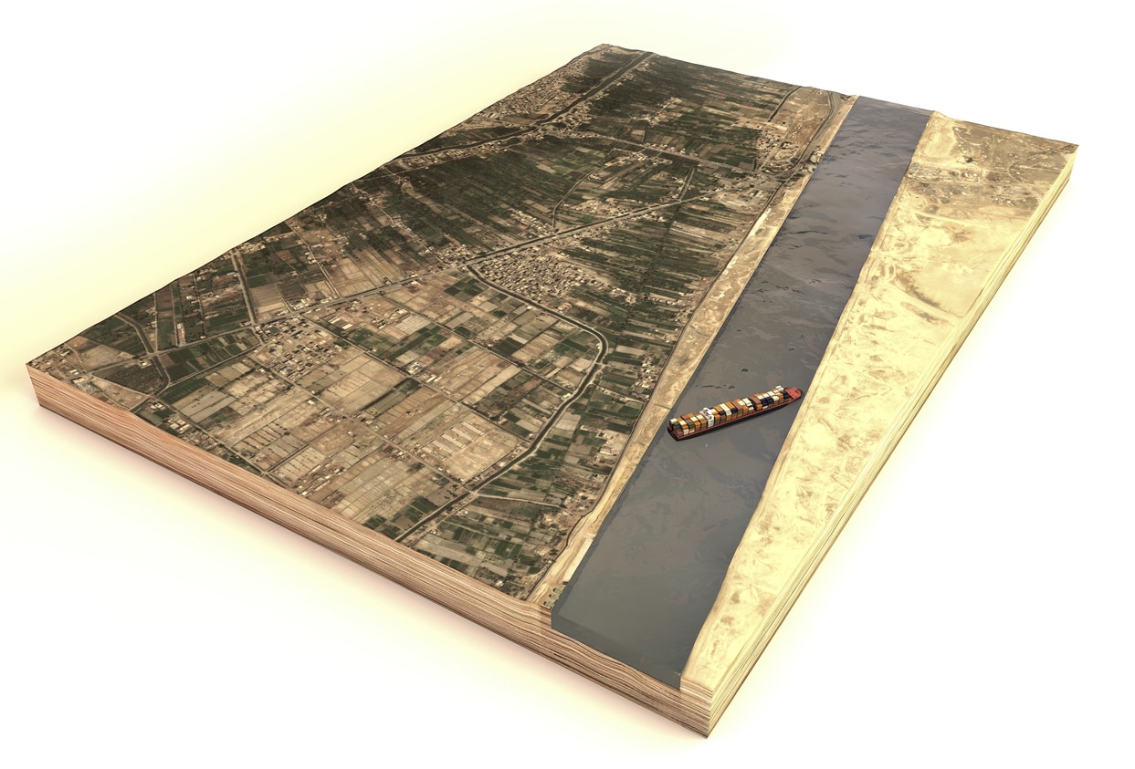 Satellite view of the Suez Canal. Reconstruction of the container ship stranded in the canal. Cargo ship wedged