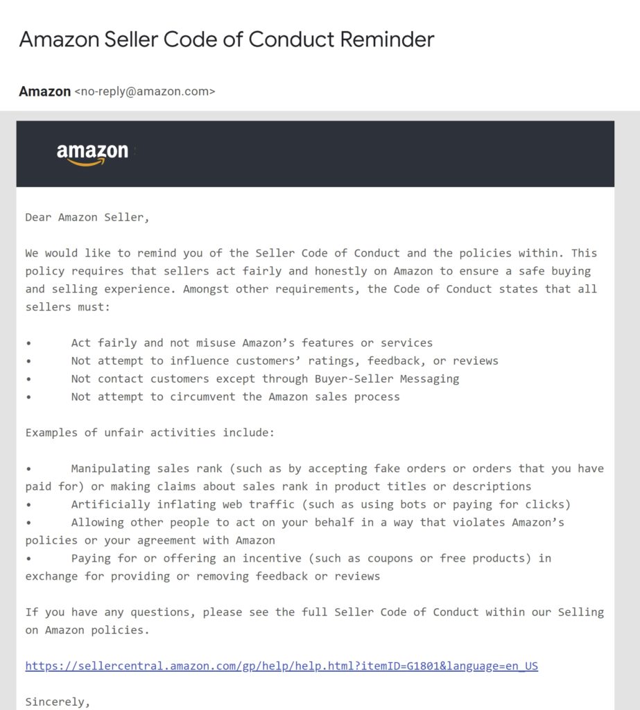 Screenshot of amazon seller code of conduct reminder