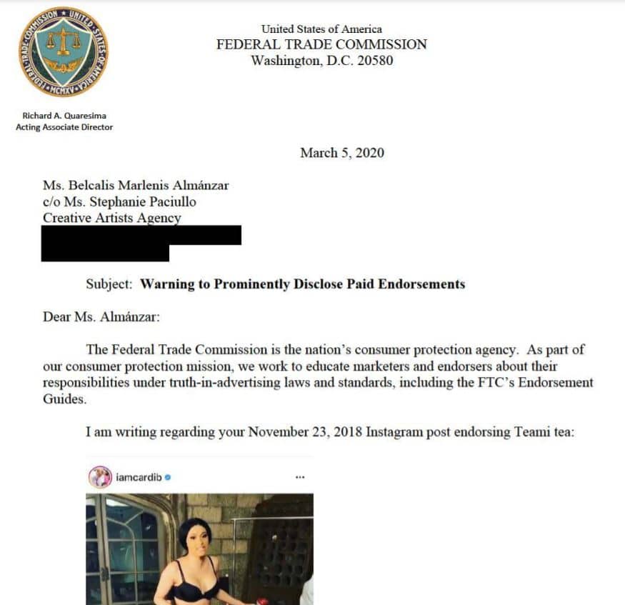 The warning letter the FTC sent to Cardi B