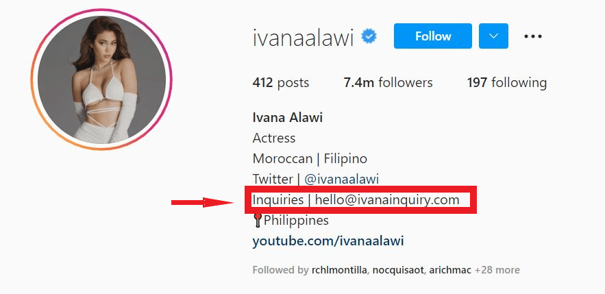 screenshot of instagram influencer's bio