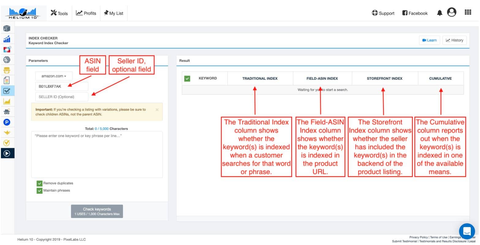 screenshot of helium 10 index checker