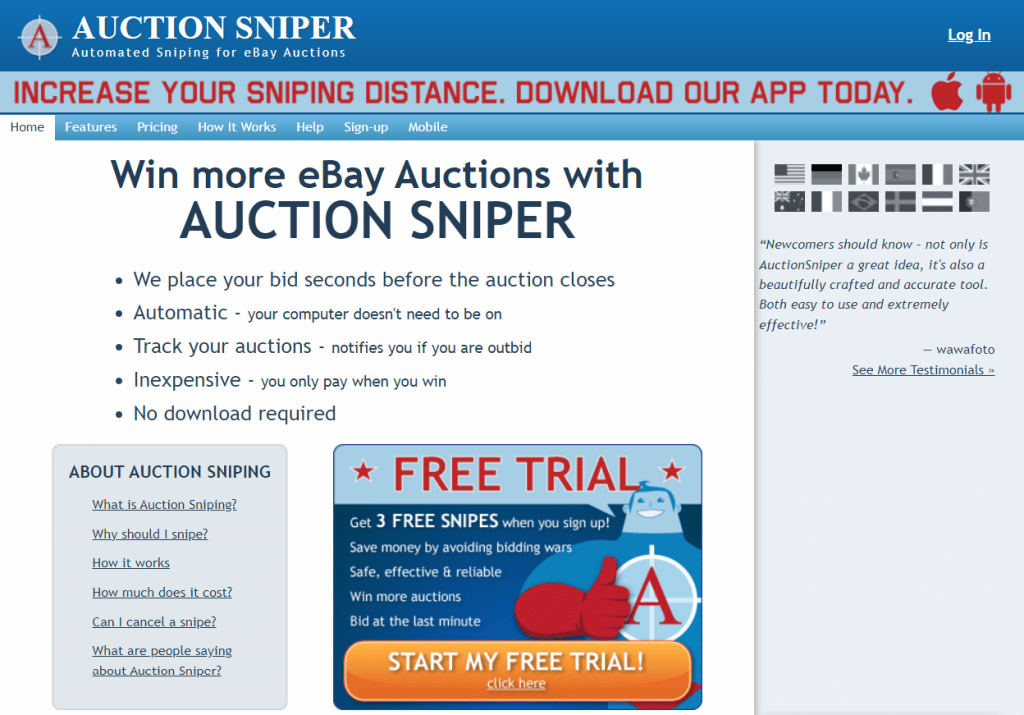 screenshot of Auction Sniper homepage
