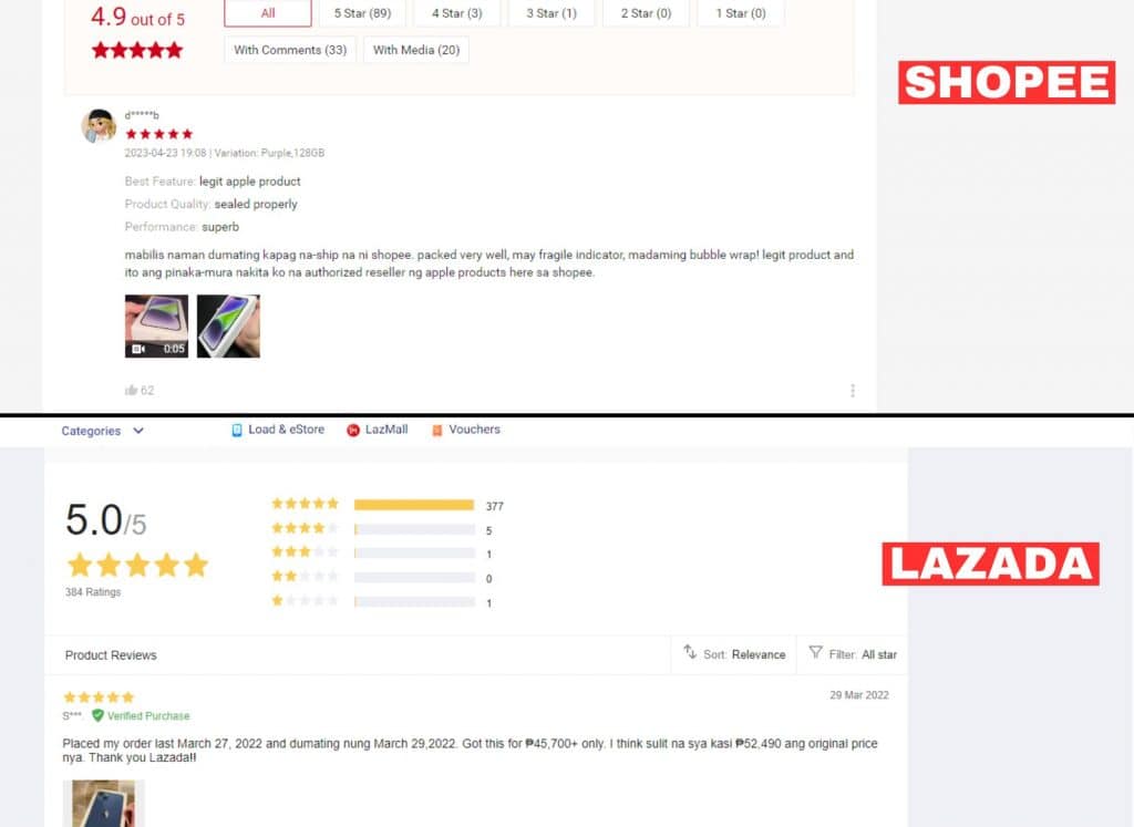 screenshot of product reviews from Shopee and Lazada