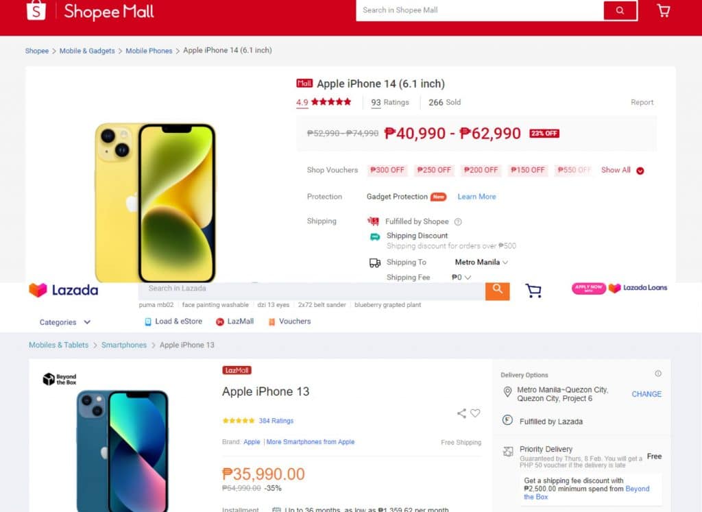 comparing how shopee and lazada display their products