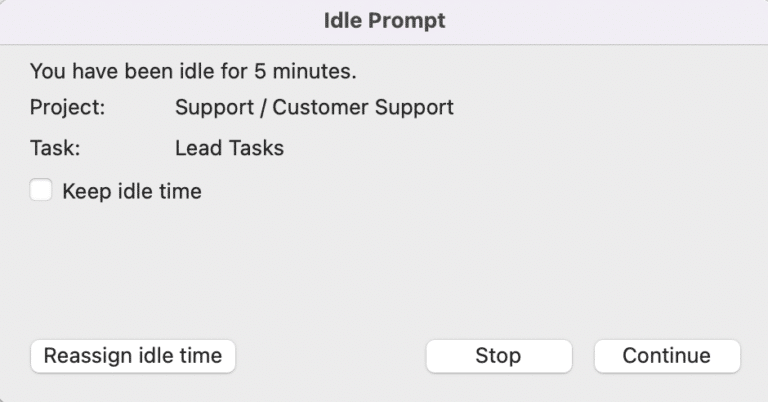 Idle prompt message from Hubstaff
