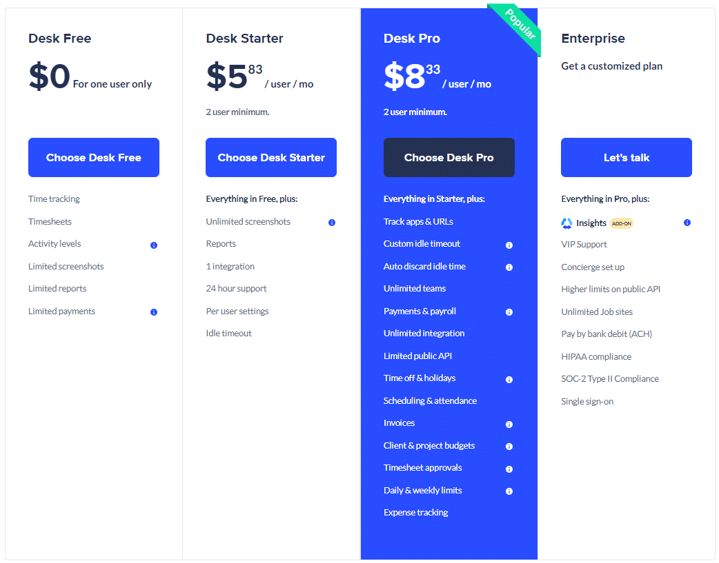 Hubstaff pricing plans screenshot