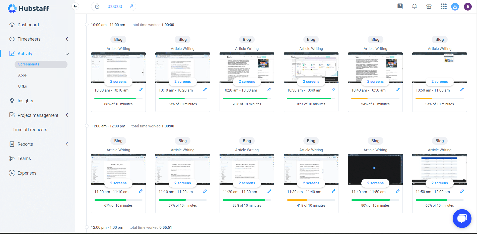 summary of Hubstaff's screenshots page