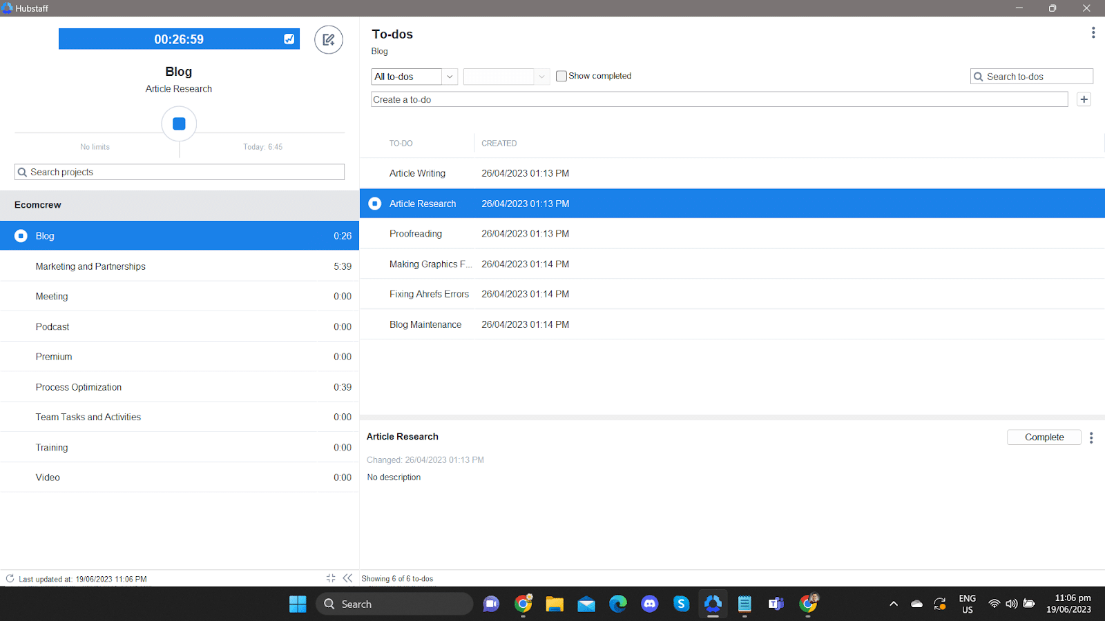 screenshot of Hubstaff's timer