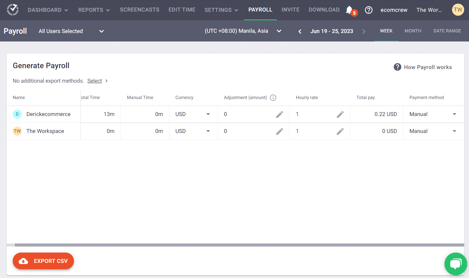 Screenshot of Time Doctor's Payroll page