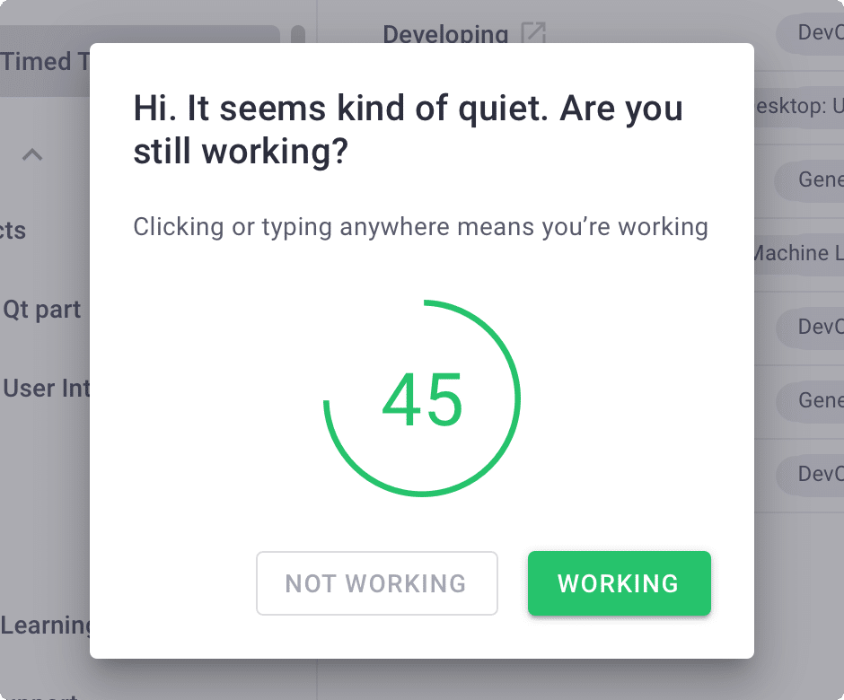Screenshot of Time Doctor sending Idle prompt