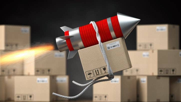 small rocket delivering Amazon package