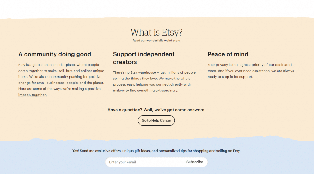 screenshot of Etsy about us section