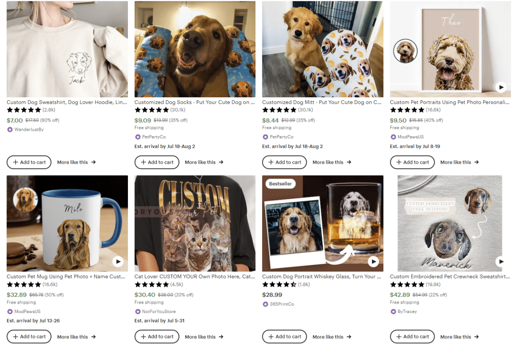 screenshot of etsy custom pet gifts