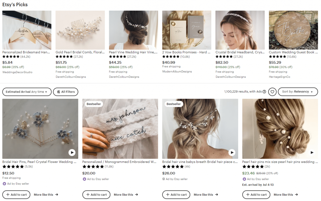 screenshot of etsy custom wedding accessories