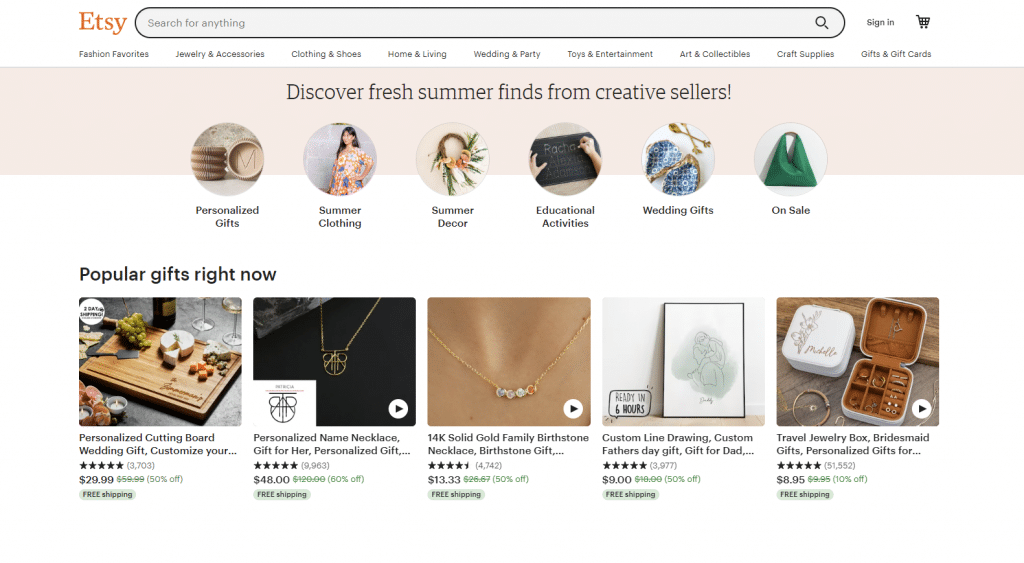 screenshot of Etsy discover page