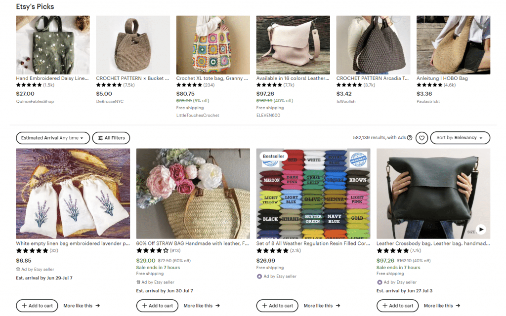 screenshot of etsy handmade bags and purses