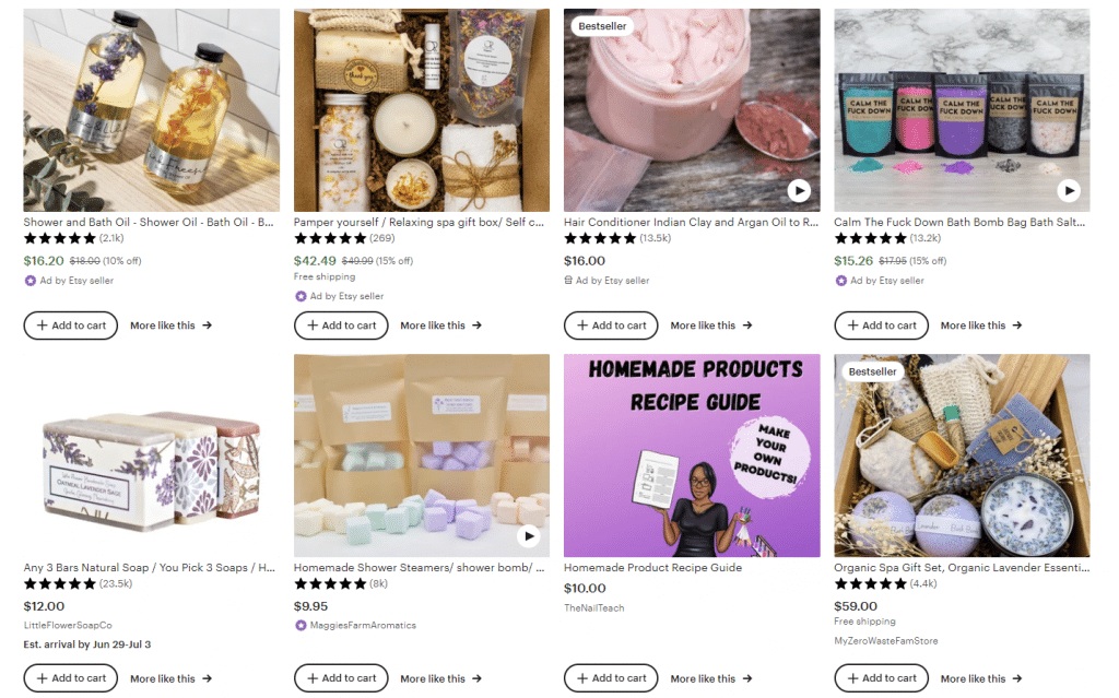 screenshot of etsy handmade bath and beauty products