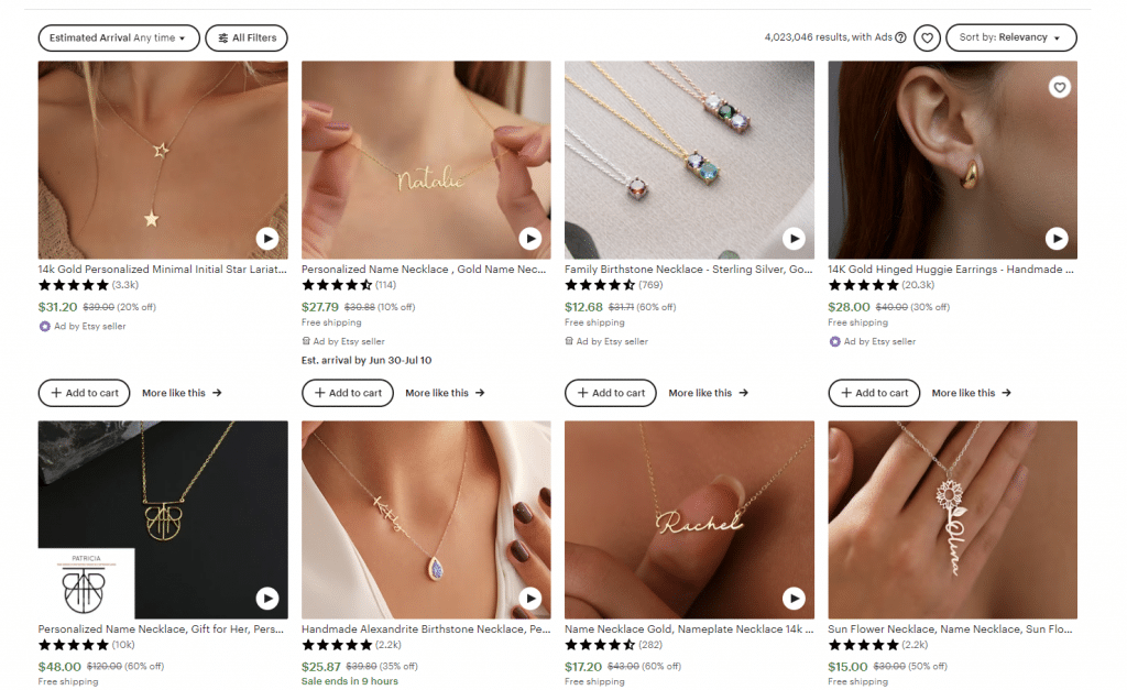 screenshot of etsy handmade jewelry