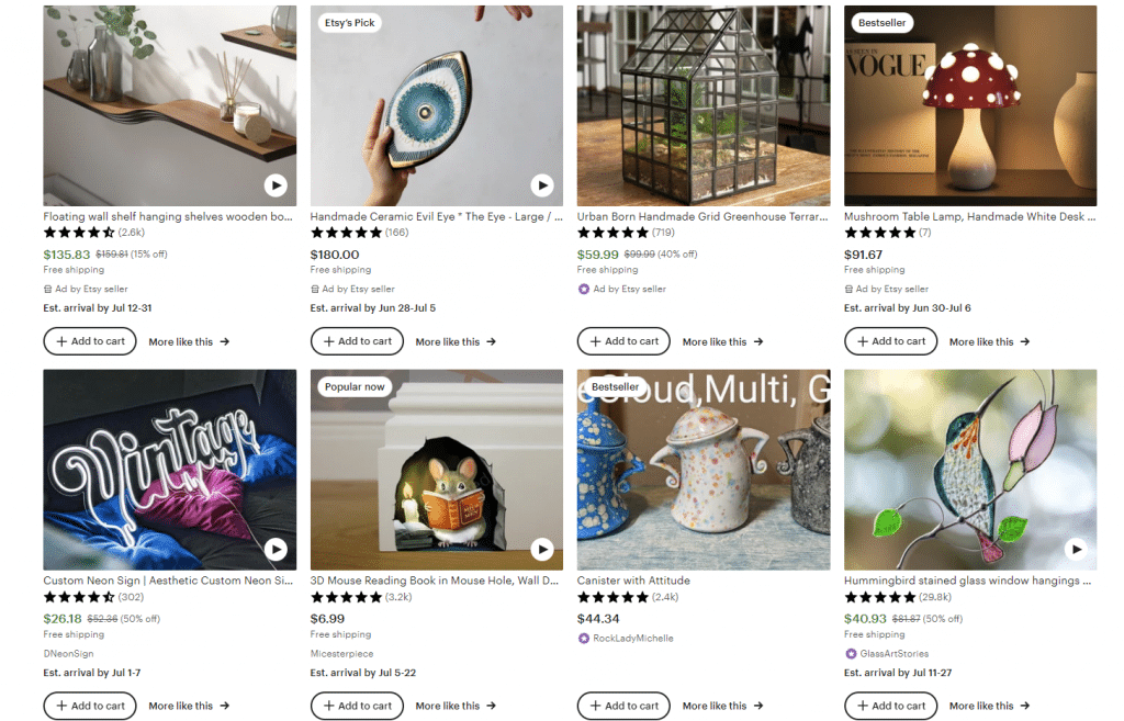 screenshot of etsy handmade home decor