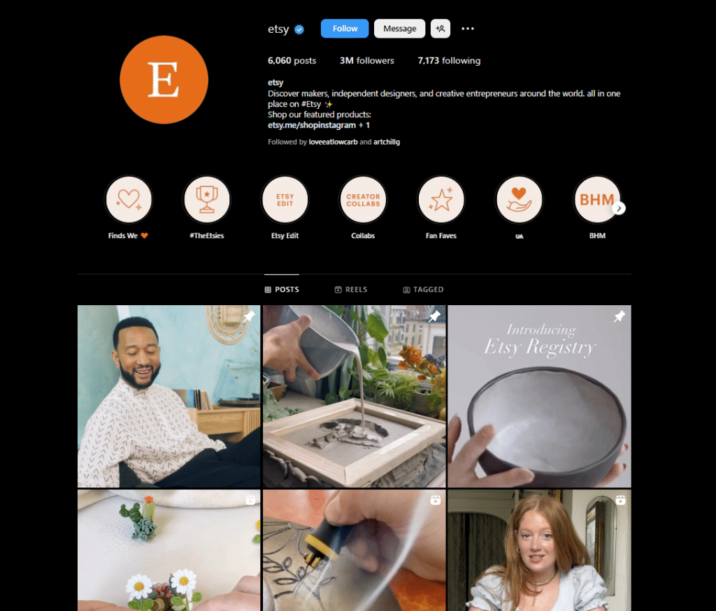 screenshot of etsy instagram page