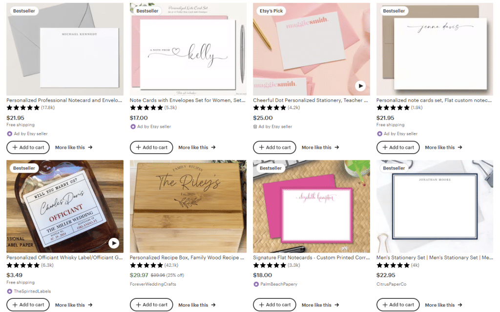 screenshot of etsy personalized gifts and cards