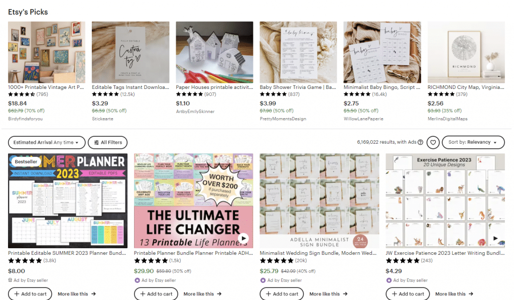 screenshot of Etsy printable products