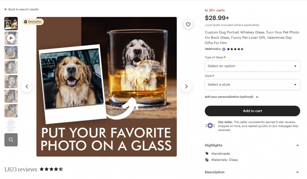 screenshot of etsy product photo and description