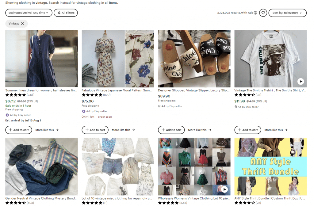 screenshot of etsy vintage clothing