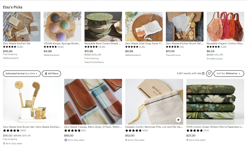 screenshot of etsy zero waste products