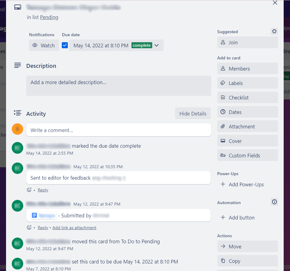 Trello card with interactions between users