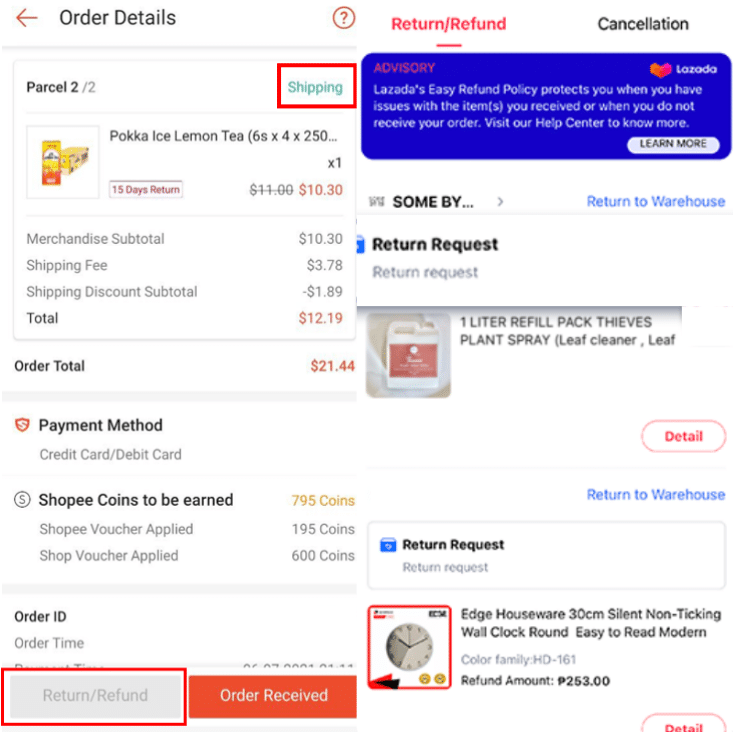 Shopee and Lazada return pages