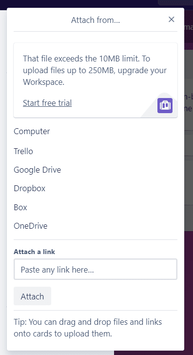 Trello lets users attach files in a card.