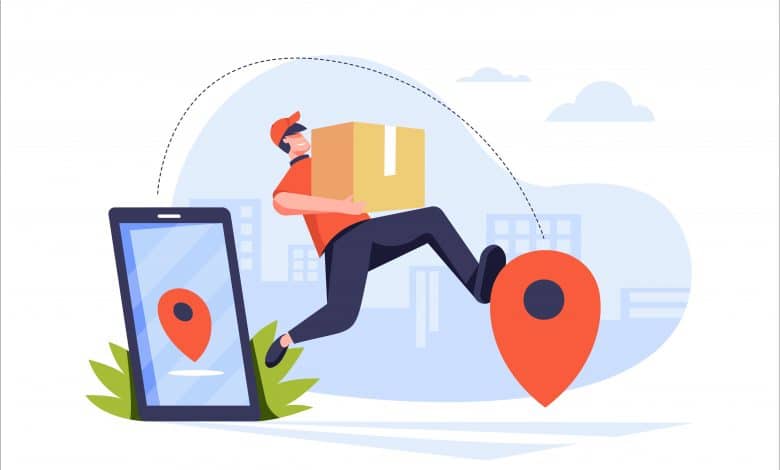 Parcel send to location pins on mobile phone by delivery man