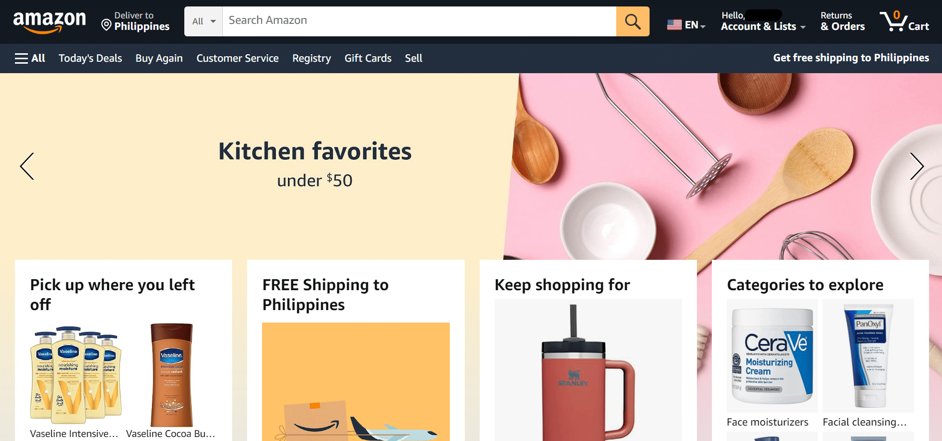 Amazon website with products