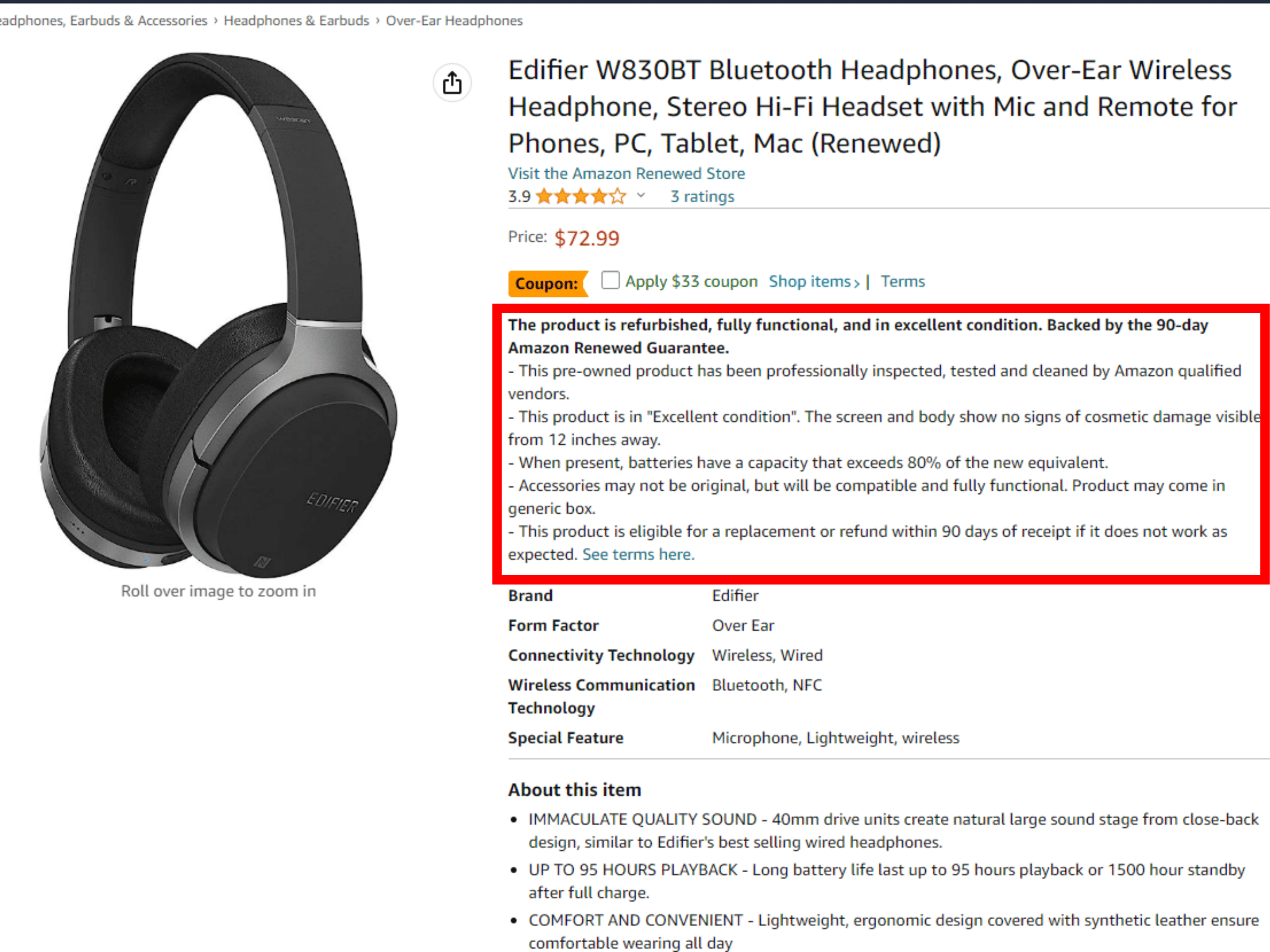 Amazon Renewed product description of a headphone.