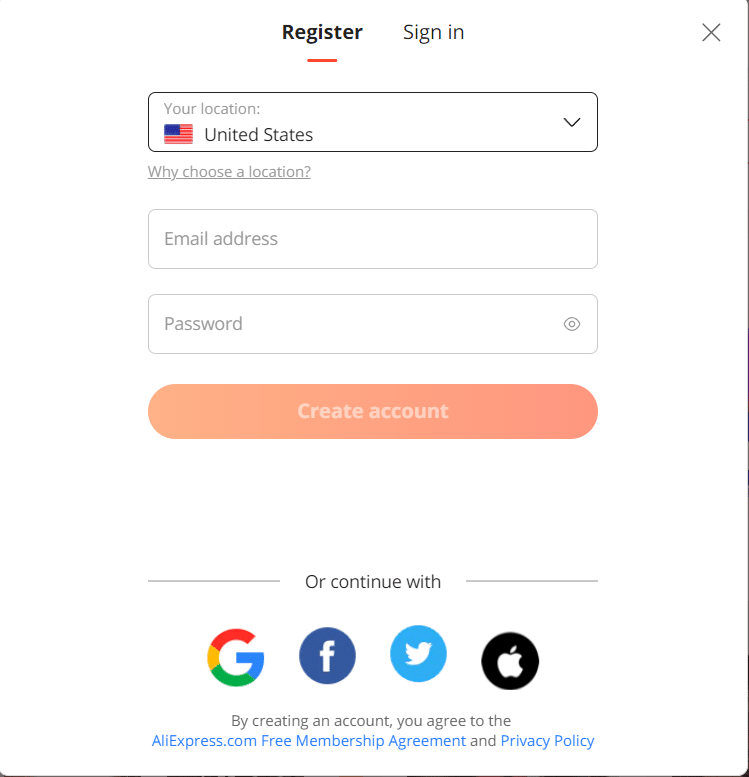 screenshot of how you can register on AliExpress