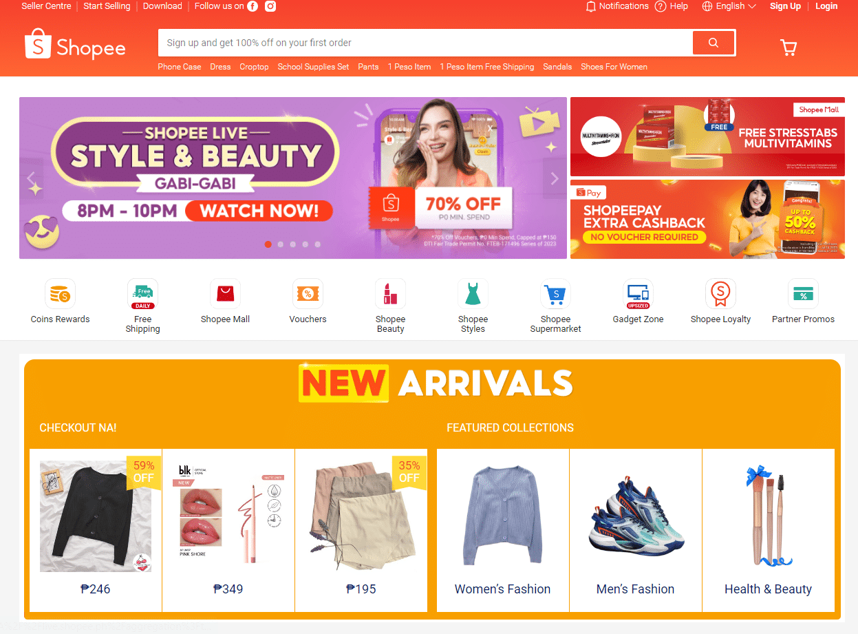 Screenshot of the Shopee webpage