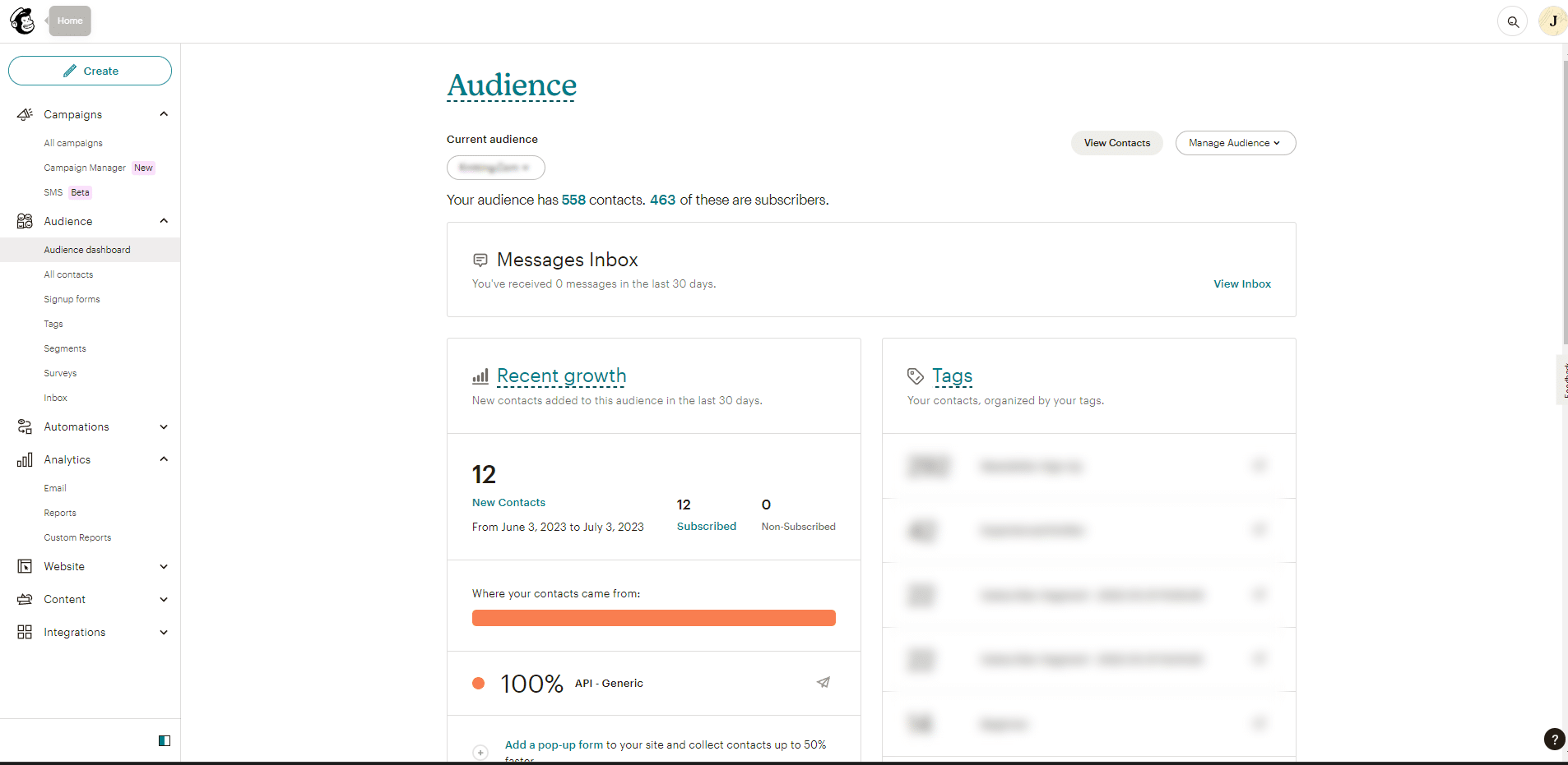 screenshot of Mailchimp's audience feature