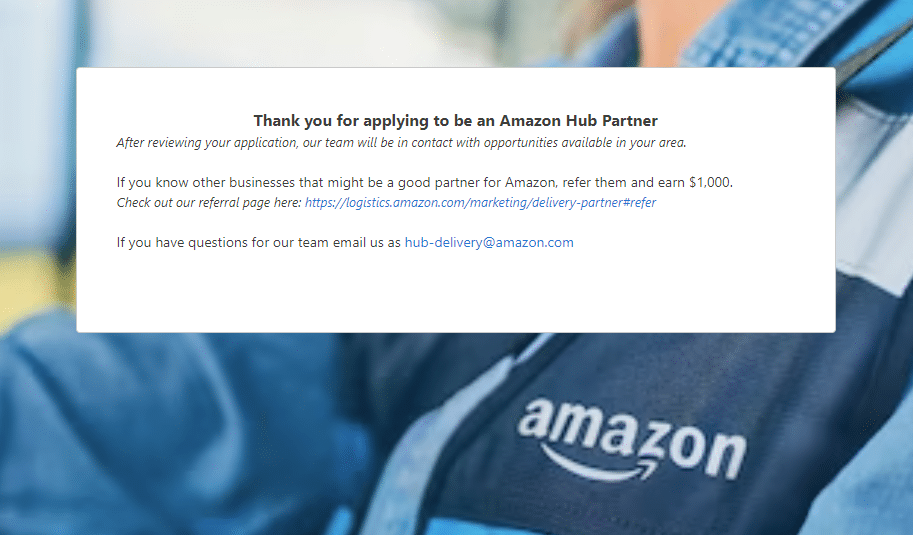 Amazon Hub Delivery Sign Up Thank You Message