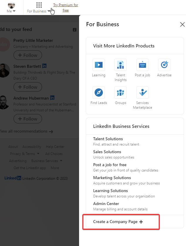 LinkedIn Create Business Page Button