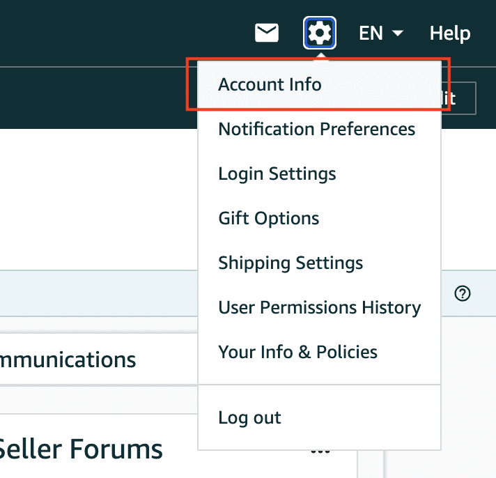 Settings section of the Amazon Seller Central