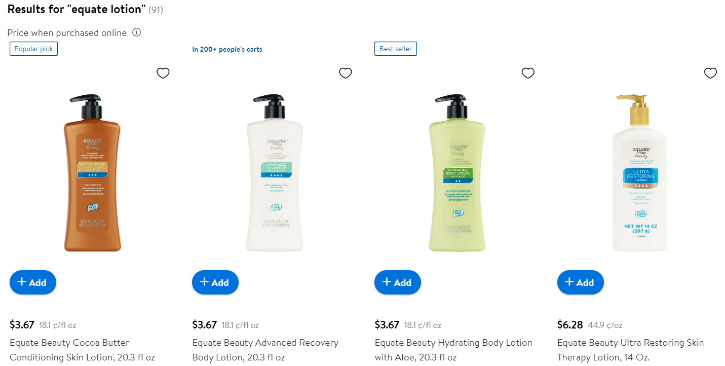 Different Equate lotions found at Walmart's website