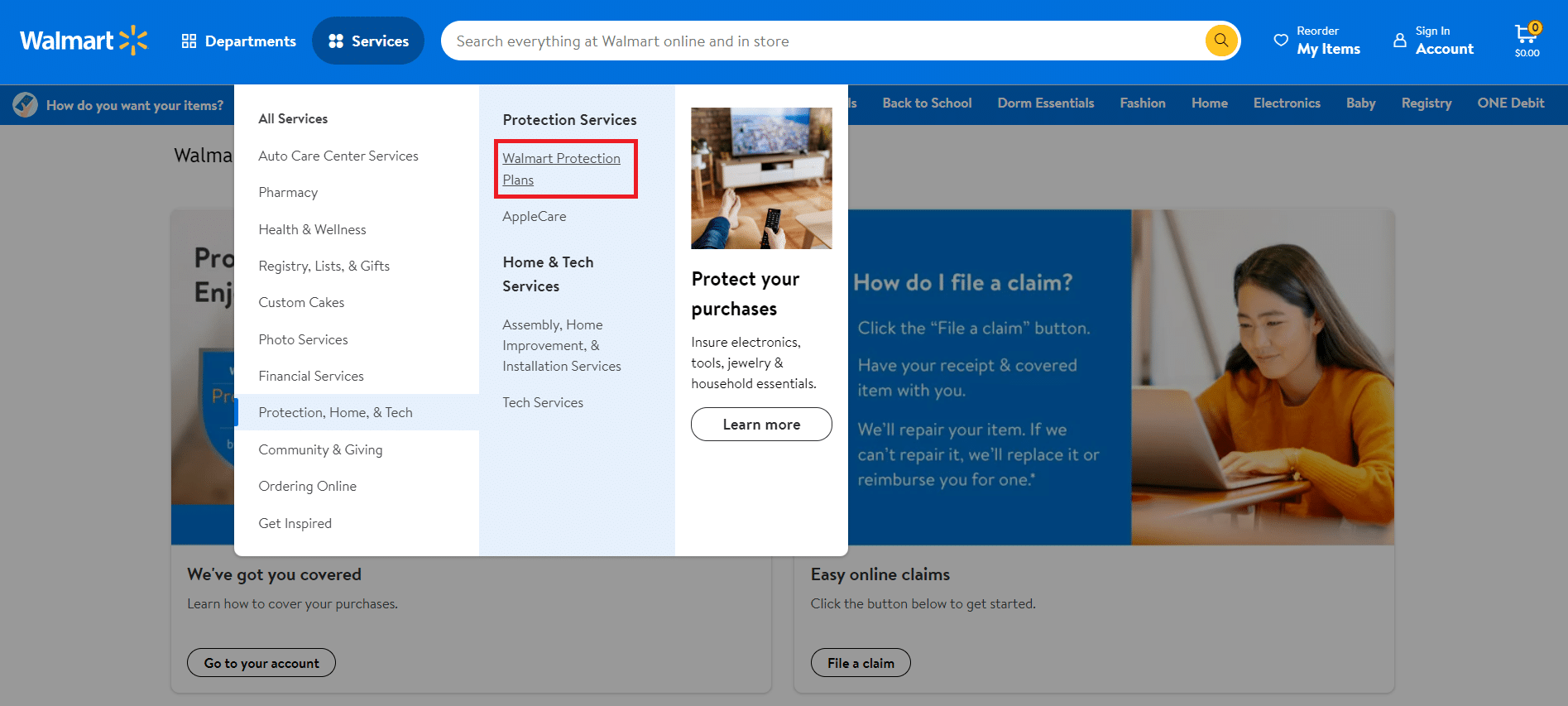 Services tab at Walmart's website