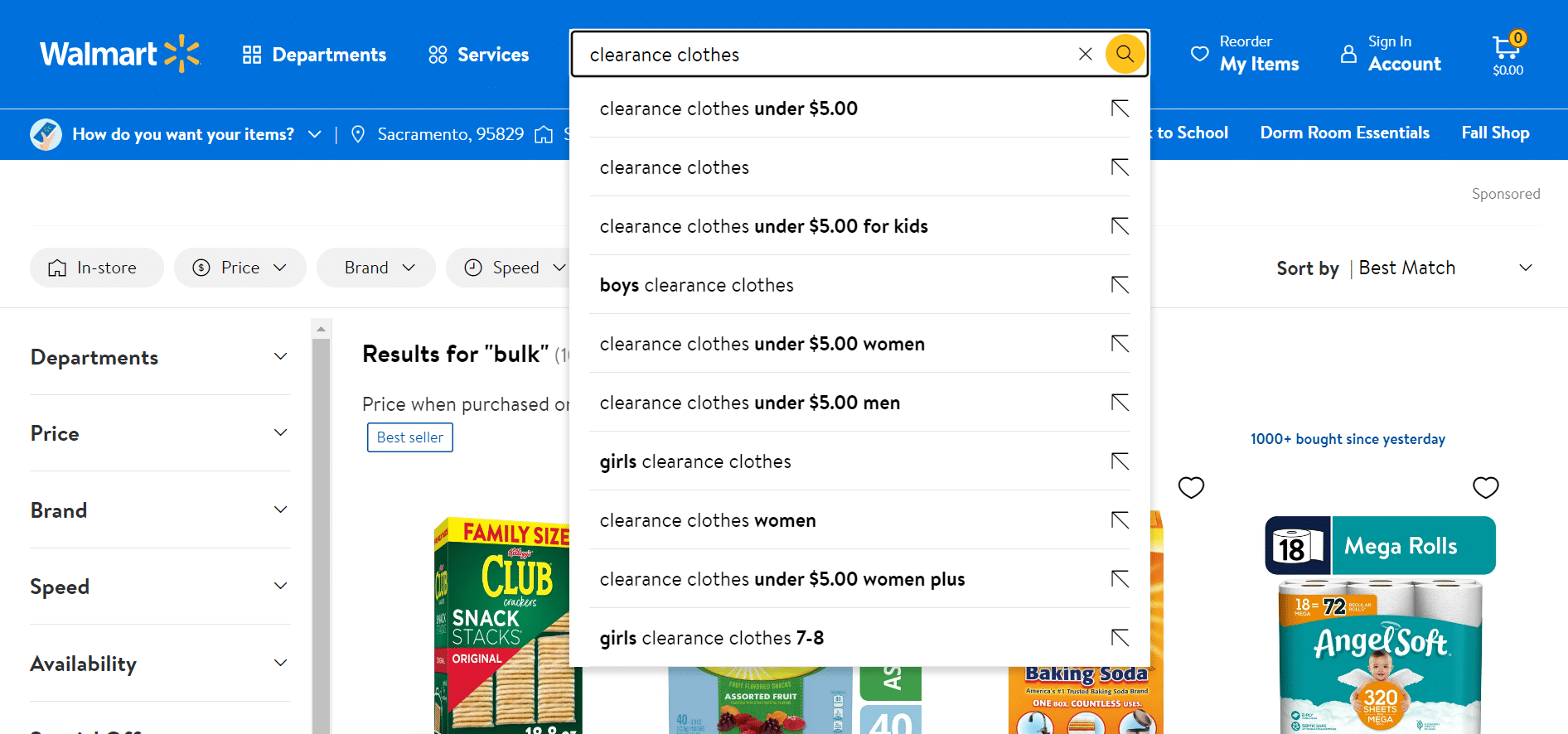 Suggested clearance items at the search bar of the website