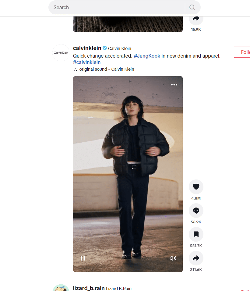 Screenshot of Calvin Klien's in-feed ads on TikTok